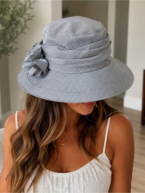 Jeanne Simmons Gray Pinstripe Cloche Sun Hat Floral Accent Wide Brim